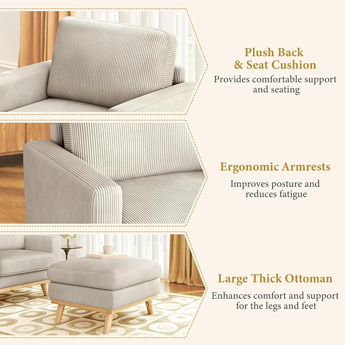 Vesgantti 38.5" Accent Chair with Movable Ottoman, Comfy Corduroy Armchair with Spring Cushion, Reading Chair with Ottoman, Modern Single Sofa for Living Room, Bedroom and Apartment, Light Gray
