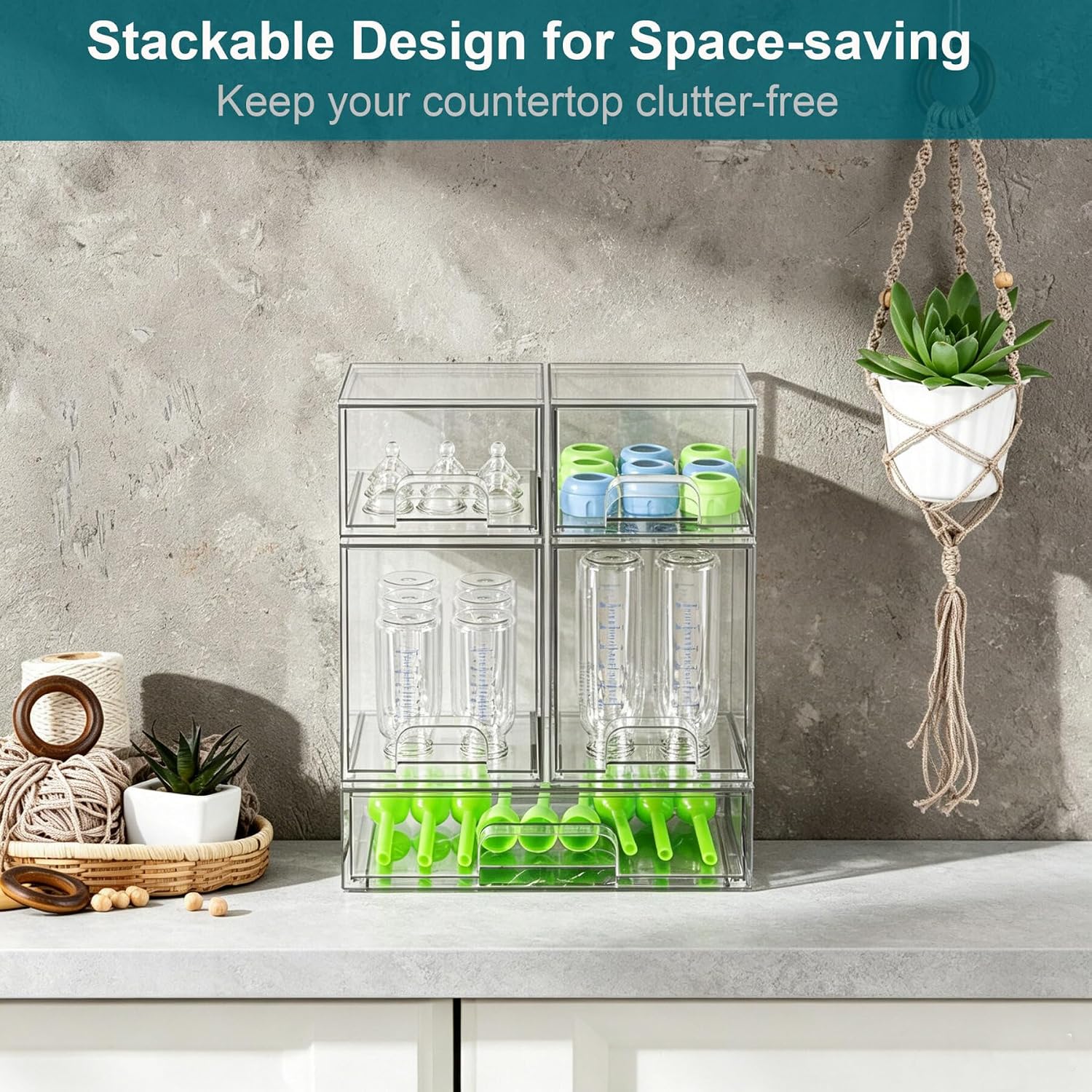 Baby Bottle Organizer for Countertop Food-grade Acrylic Storage for Cabinet | Set of 5 Clear Stackable Organizers with Drawers for Bottles, Plastic Baby Station Organization for Pacifiers, Pump Parts