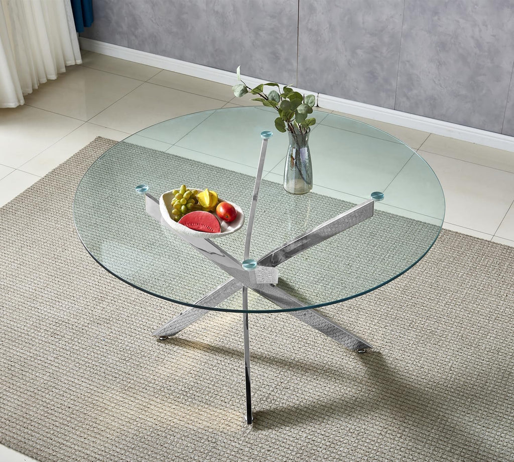 7 Piece Modern Dining Table Set of 6, 47" Tempered Glass Round Dining Tables and 6 Leather Gray Dining Chairs, 47 inch Kitchen Tables with Silver Chrome Metal Base, Small Dining Table Set