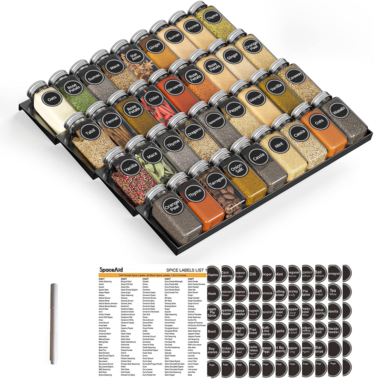 SpaceAid Spice Drawer Organizer with 36 Spice Jars, 386 Spice Labels, 4 Tier Seasoning Rack Tray Insert for Kitchen Drawers, 16.75" Wide x 17.5" Deep