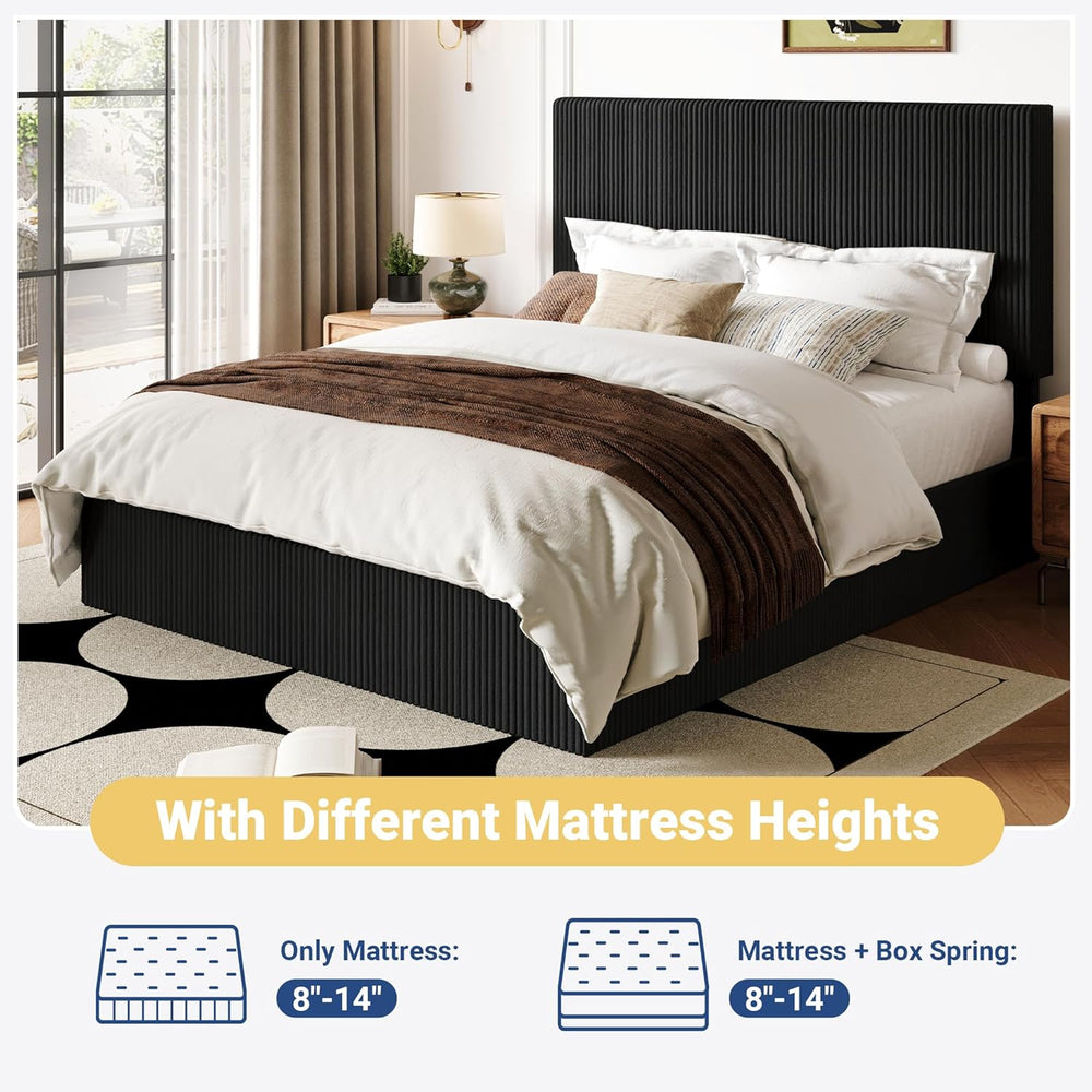Allewie Queen Bed Frame, Adjustable Corduroy Headboard, Platform, Black