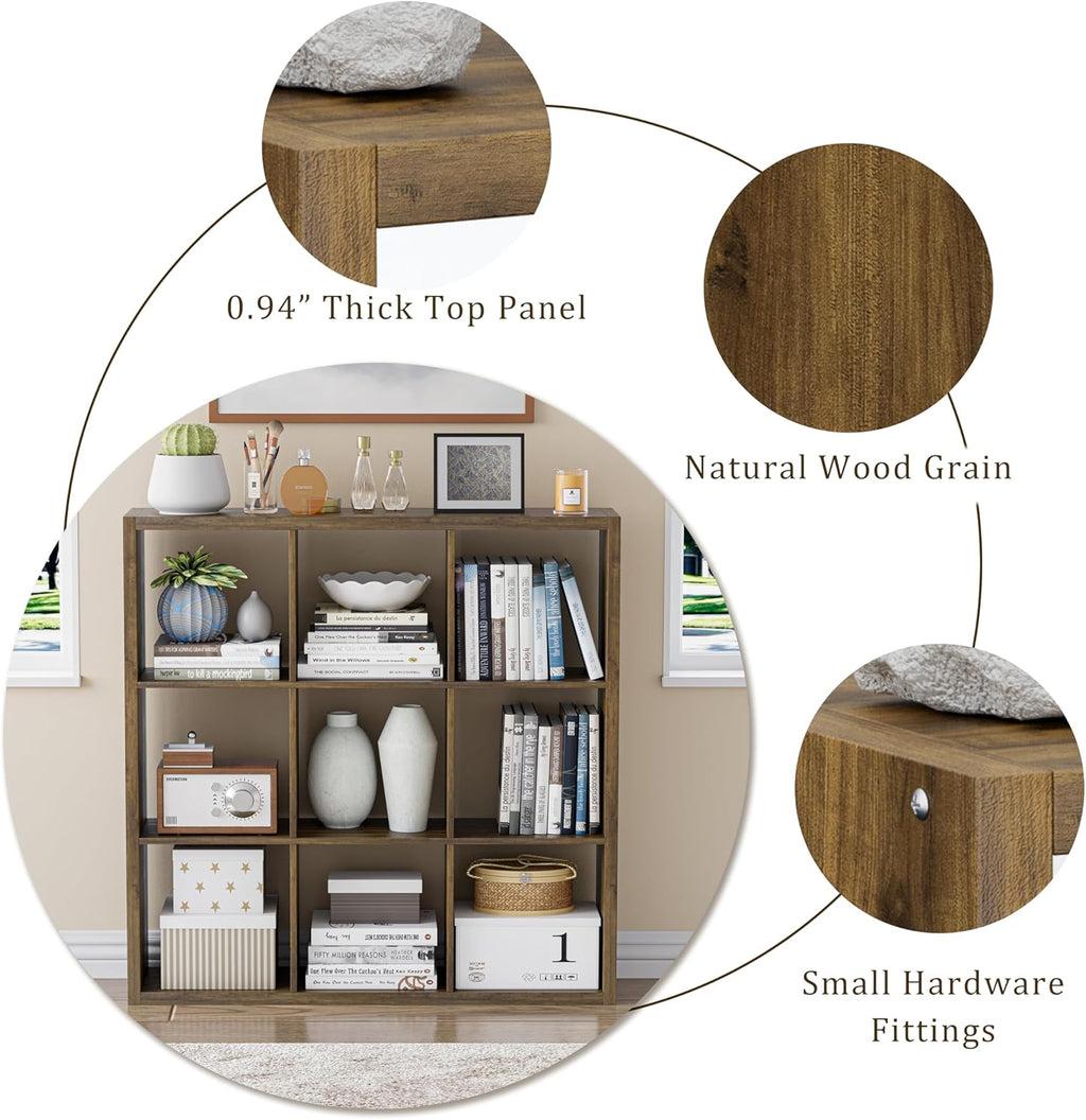 Cube Storage Organizer Bookcase, Decorative 11 inch Open Back Cubical Shelf with Thickened Border, Display Bookshelf for Living Room, Home Office, Sturdy Room (Brown, 9 Cube)