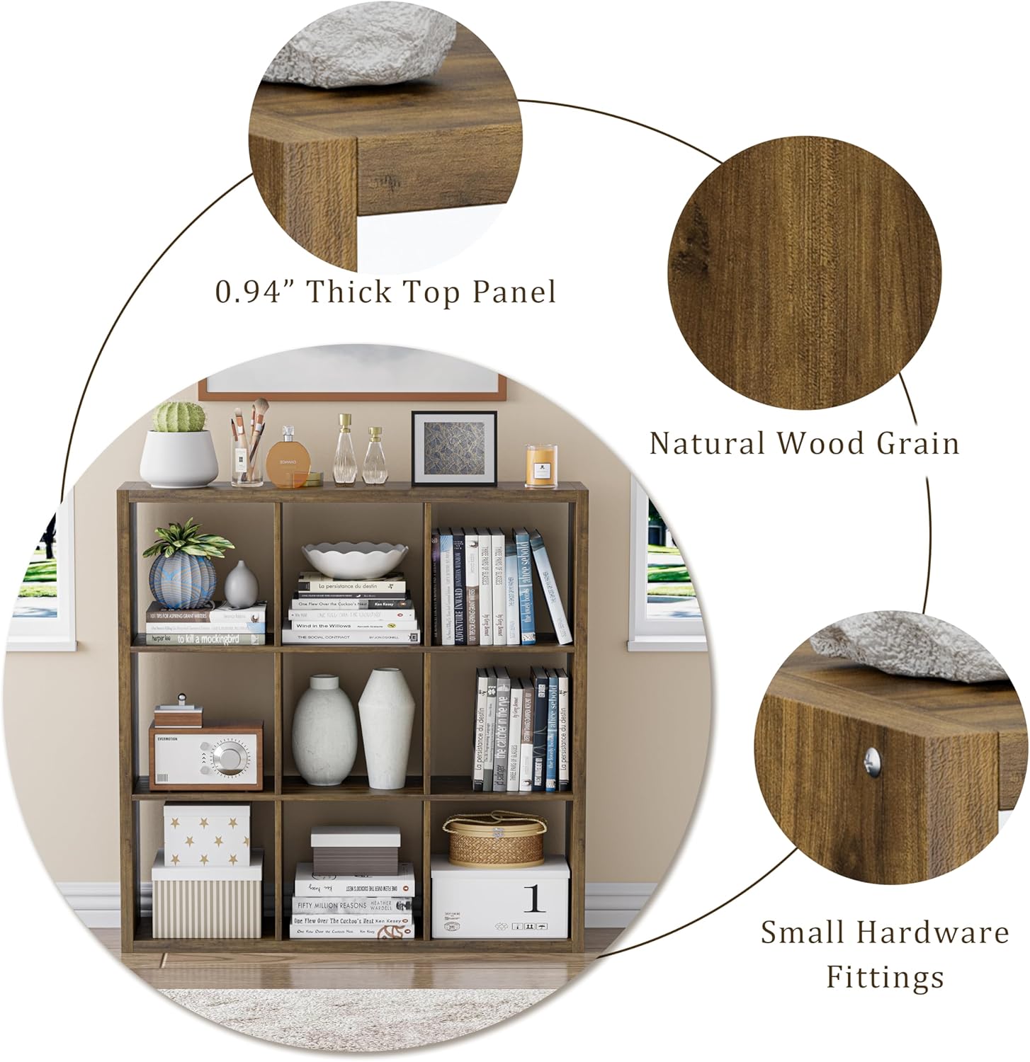Cube Storage Organizer Bookcase, Decorative 11 inch Open Back Cubical Shelf with Thickened Border, Display Bookshelf for Living Room, Home Office, Sturdy Room (Brown, 9 Cube)