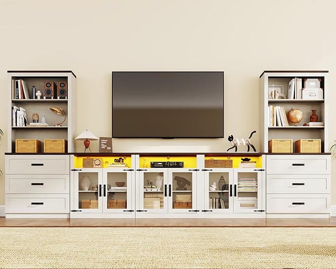 157" W 4-Piece Entertainment Center with Bookshelves for TVs up to 100", Farmhouse Wall Unit TV Stand with Doors & Drawer, Media Console Table for Living Room, Bedroom, White