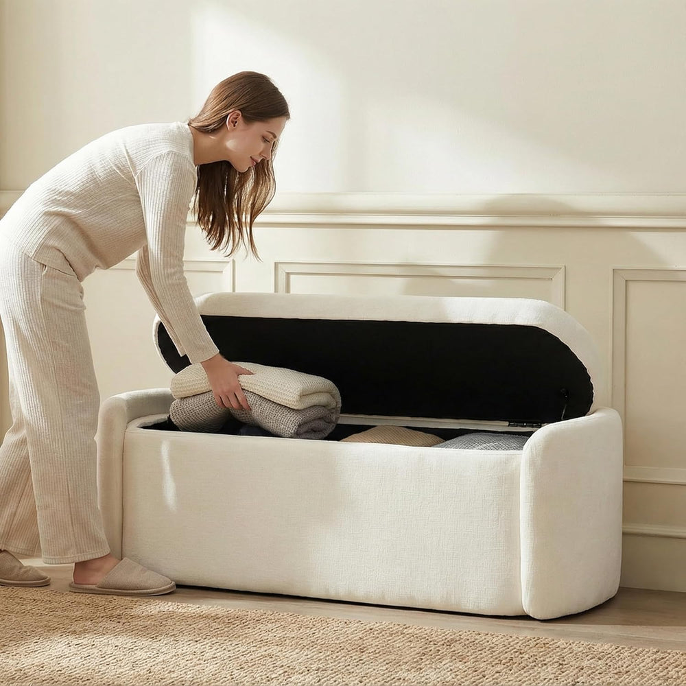 VKNOW Storage Bench, Upholstered Storage Ottoman Bench with Hinge, Cream | Ot...