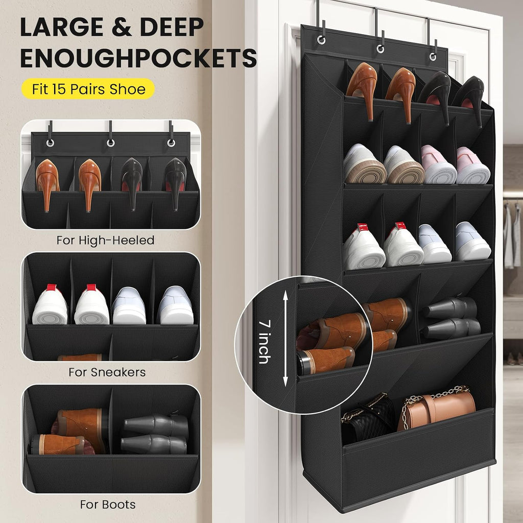Mefirt Over the Door Shoe Rack for Closet Fit 18+ Pairs, Door Shoe Organizer with Large Breathable Pockets, Hanging Shoes Rack Fit Boots, Behind the Door Shoe Holder for Categorized Storage, Black