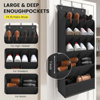 Mefirt Over the Door Shoe Rack for Closet Fit 18+ Pairs, Door Shoe Organizer with Large Breathable Pockets, Hanging Shoes Rack Fit Boots, Behind the Door Shoe Holder for Categorized Storage, Black