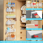Over The Door Organizer, Metal Hanging Door Organizer with 6 Adjustable Baskets and 5 Hooks, Behind The Door Storage for Closet Pantry Cabinet Kitchen Bathroom Bedroom, White
