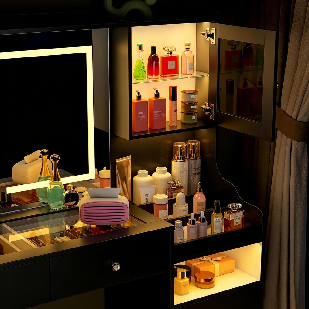 wanan 62" Large Black Vanity Desk with Glass Top, Makeup Vanity with Mir...
