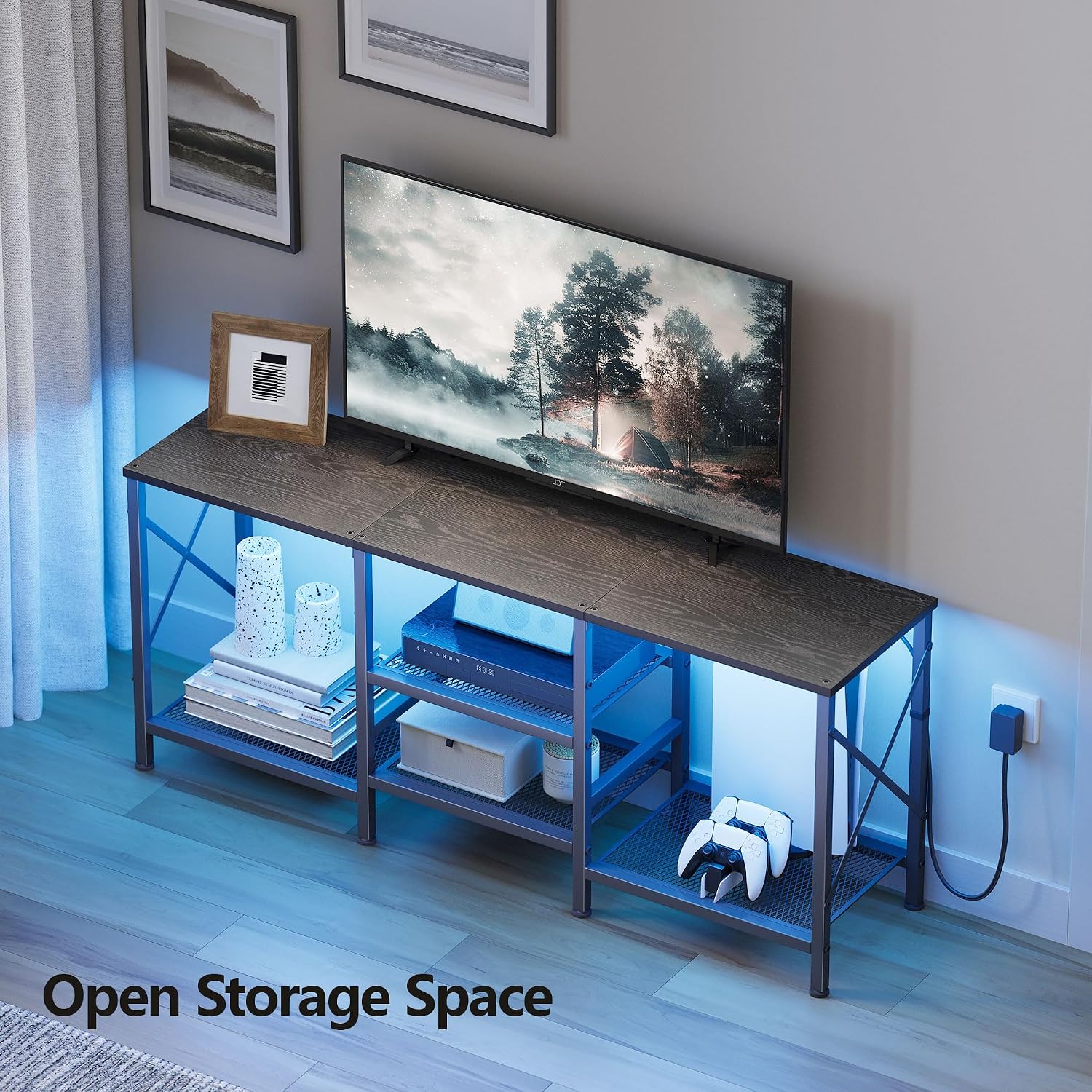 JARHETUN TV Stand with LED Lights for 55 Inch TV, Entertainment Center with 3-Tier Open Shelves, TV Console Table for Living Room, Bedroom, Black