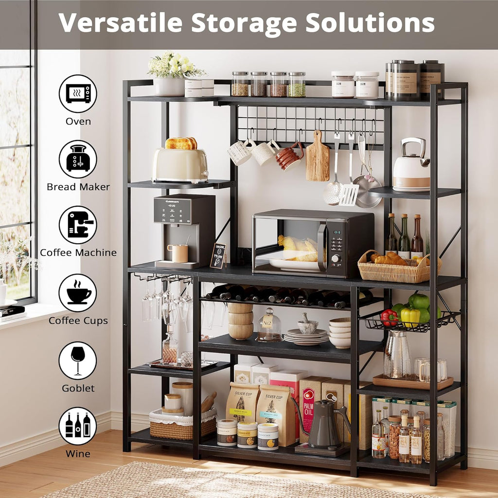 IRONCK Large Bakers Rack with Power Outlet, 62 Inch Wide Microwave Stand, Coffee Bar with Storage, Kitchen Racks and Shelves, Vintage Black
