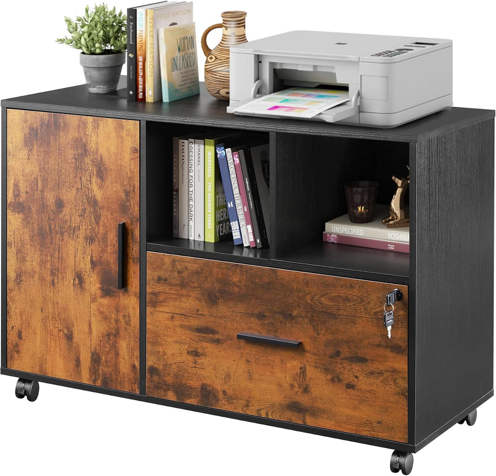DEVAISE Printer Stand with Storage, Mobile Wood File Cabinet, Rustic Brown | ...