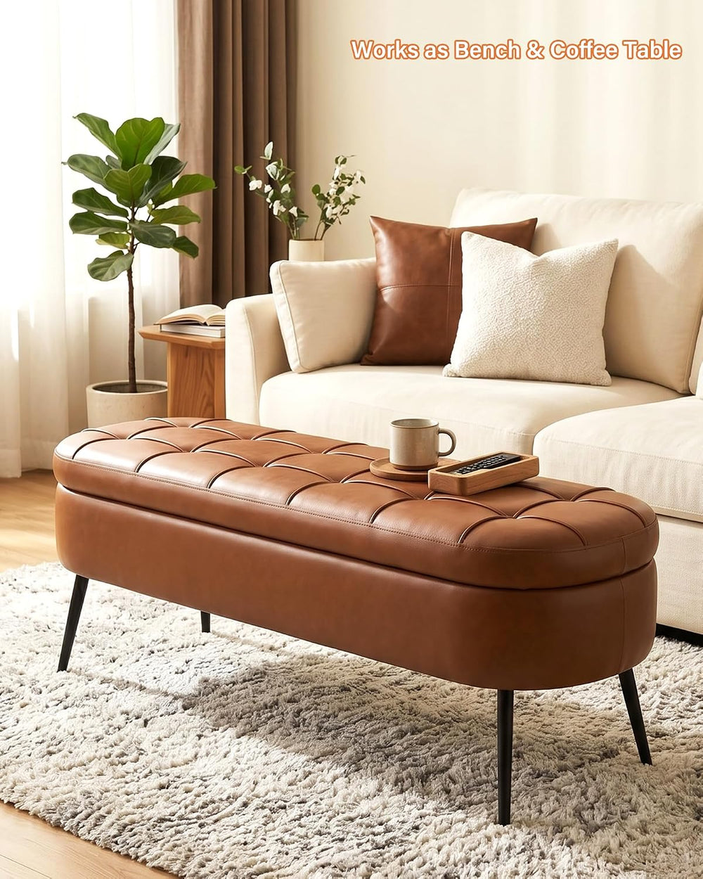 Storage Ottoman Bench, 43.7"PU Leather End of Bed Bench Walnut Brown | B...