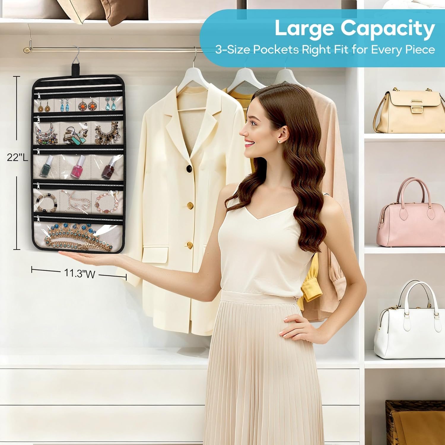 MISSLO Hanging Jewelry Organizer Travel Foldable Jewelry Roll Storage Case with 14 Cotton Zippered Pockets for Traveling, Closet, Suitcase