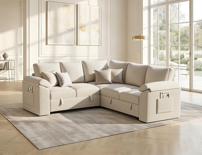 85 Inch Modular Sectional Sofa with Pull Out Couch Bed, L Shaped 5 Seat Sectional Couch with Storage, Corduroy Sectional Couches for Living Room, Cloud Modular Couch, Removable Sofa Cover, Beige