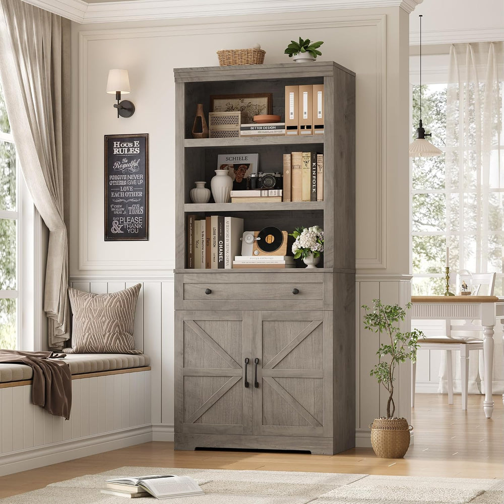 HOSTACK 72" Bookshelf with Storage, Tall Bookcase w/Deep Cabinet, Ash Grey