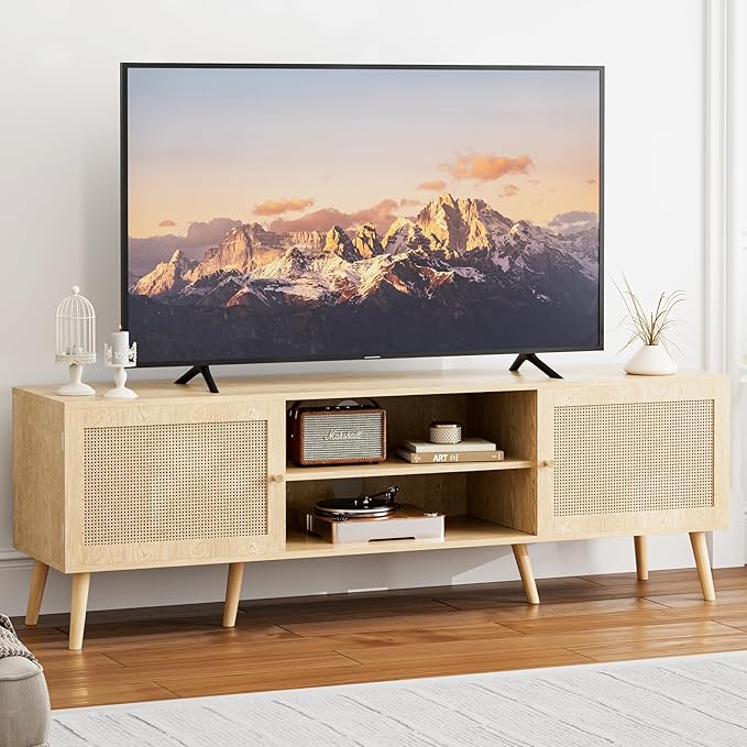 TV Stand for TVs up to 65'', Entertainment Center With Rattan Door, S...