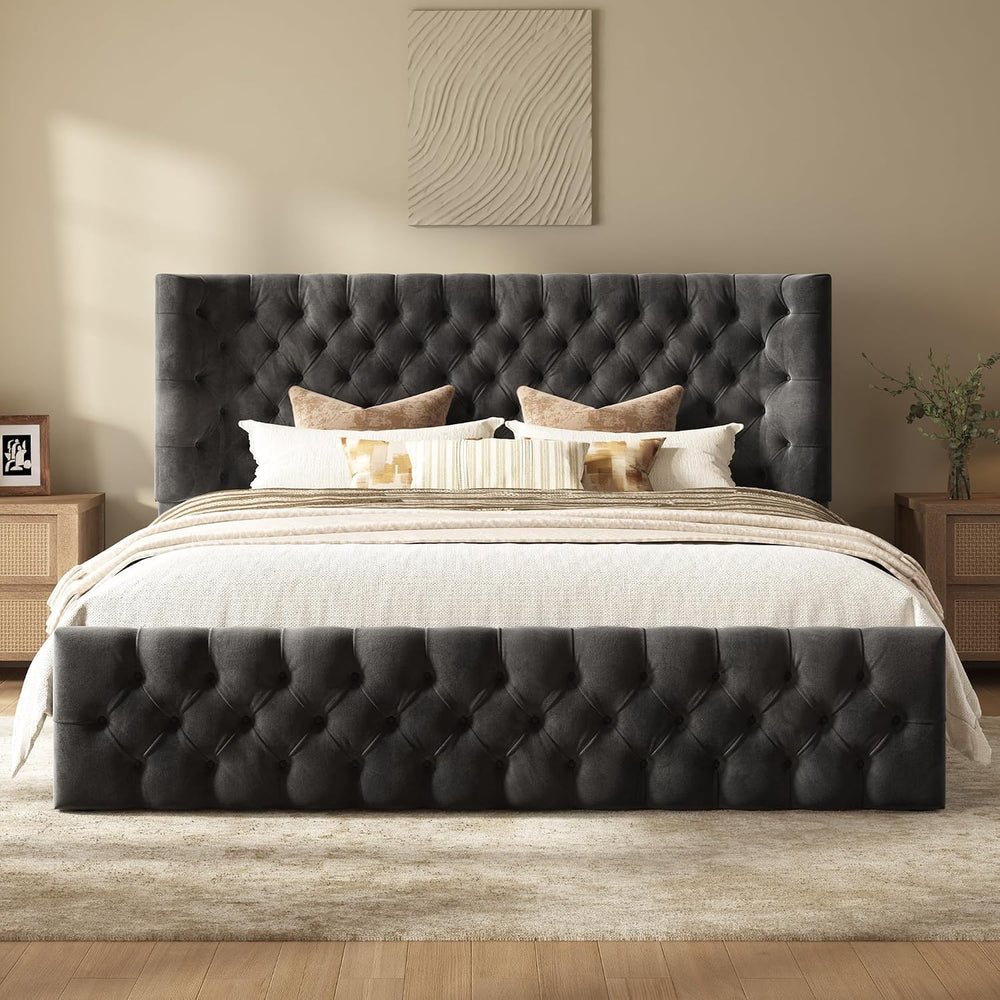 AMERLIFE Upholstered Queen Bed Frame with Wingback Headboard, Black Velvet