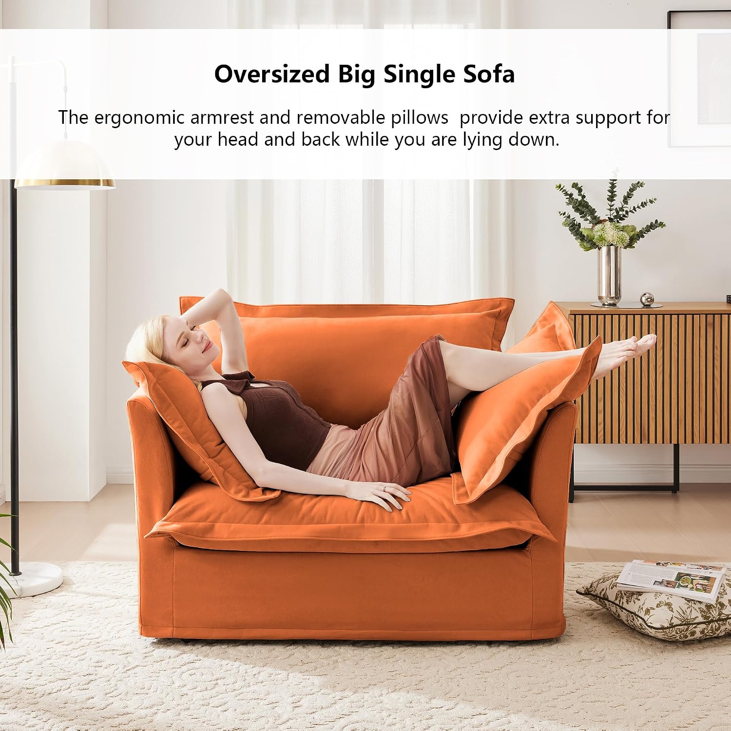 Aoowow Oversized Modular Sectional Sofa Chair Set of 2, 49” Chenille Fabric Single Armchair Comfy Deep Seat Couch Sofa with Big Toss Pillows for Living Room Apartment Office(Orange-Chenille)