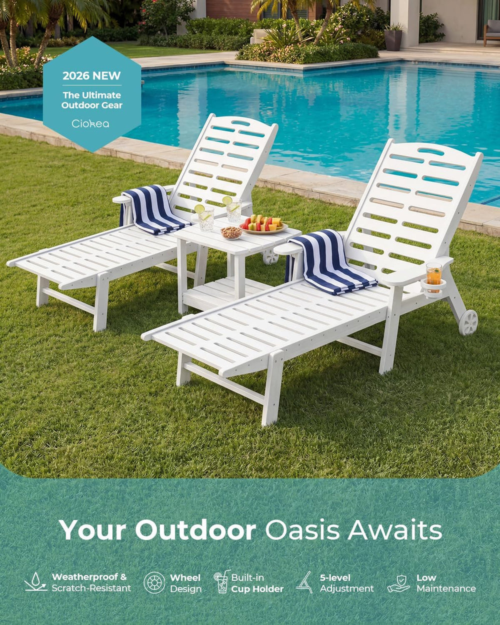 Ciokea Outdoor Chaise Lounge Chair, 5-Position Adjustable, White | HDPE All-W...