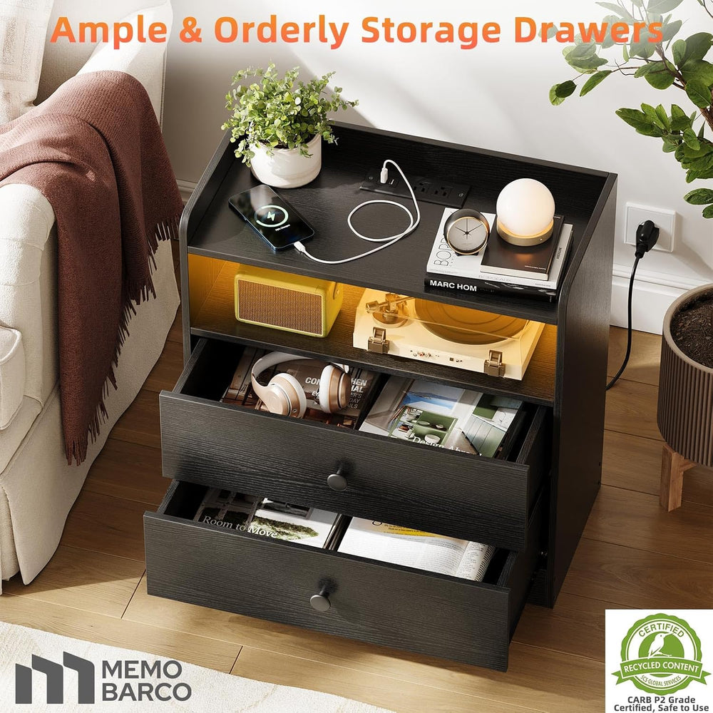 Memobarco 2 Pack Nightstand with Charging Station and LED Light, Black | Mode...