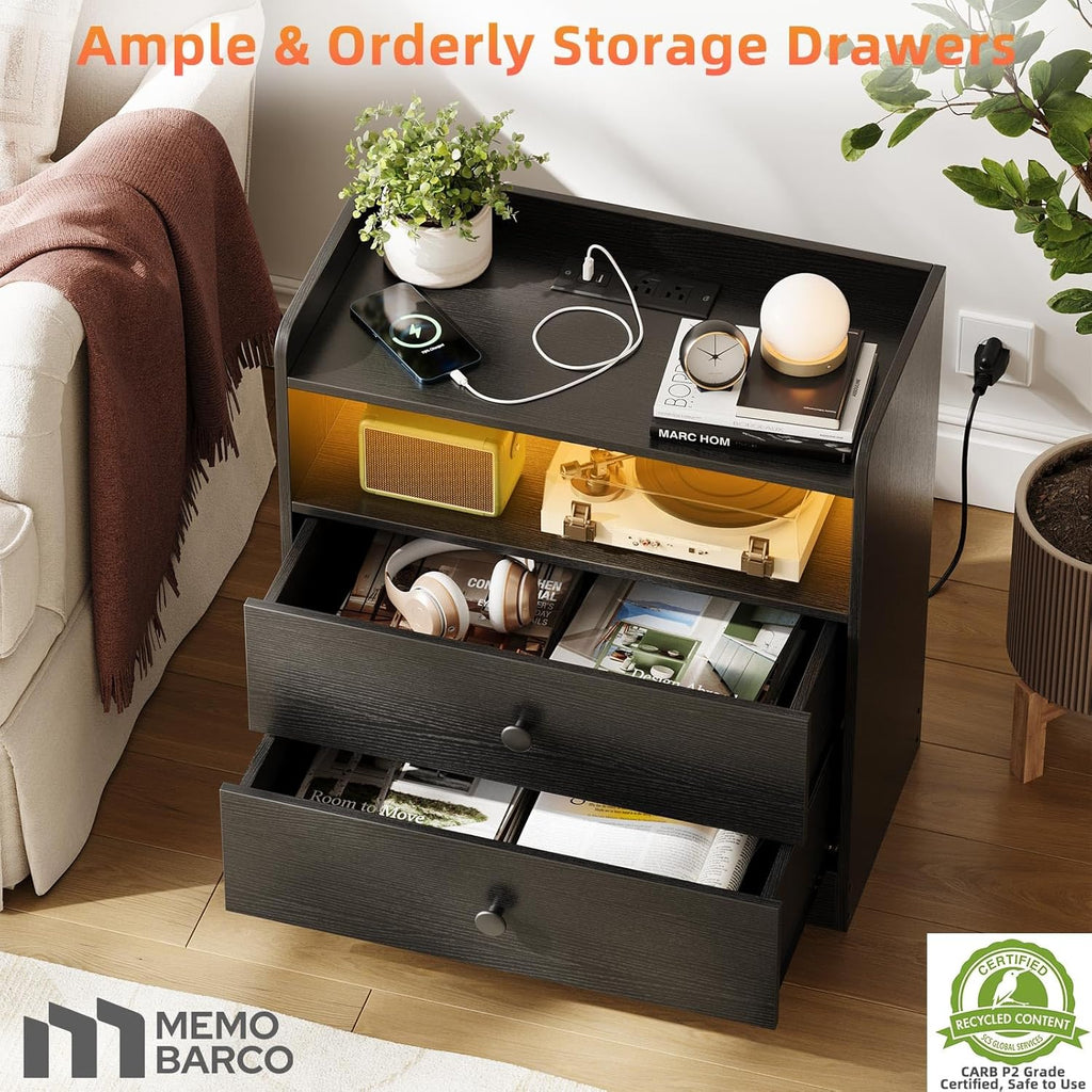 Nightstand with Charging Station and LED Light,Modern Nightstand with USB Ports and Outlets,Wooden Bedside Tables with 2 Storage Drawers,Small Dresser for Bedroom Small Space,Black