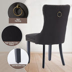Dining Chairs Set of 6 - Tufted Linen Upholstered High Back with Black Solid Wood Legs - Nailhead Trim - Modern Style for Dining & Kitchen