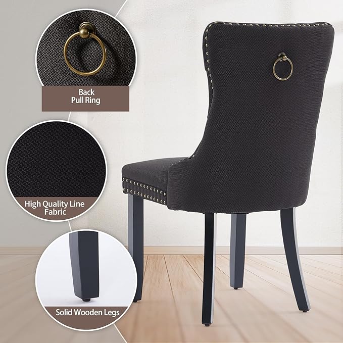 Black Dining Chairs Set of 2, Upholstered Tufted Linen Fabric Dining Room Cha...