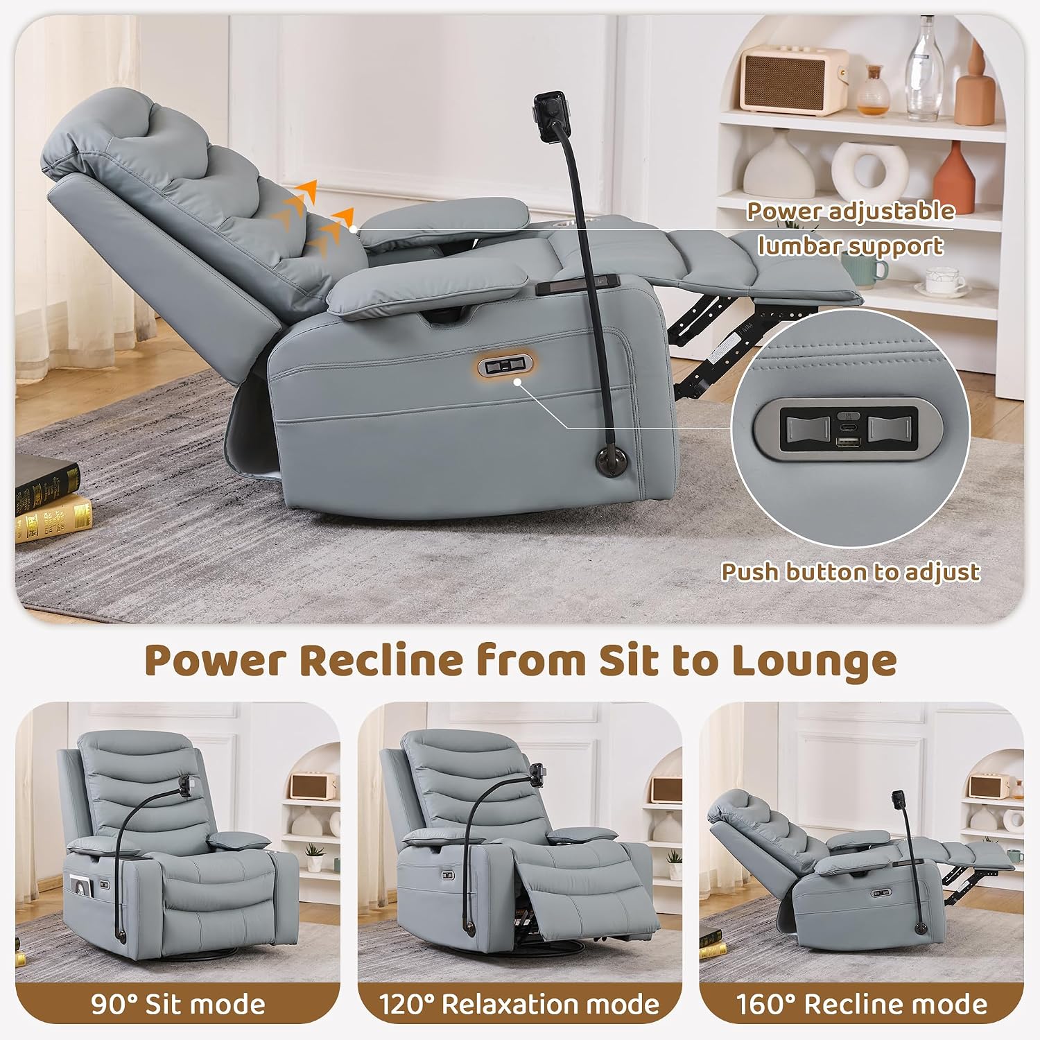 Olela Nursery Glider Recliner Chair - Electric Swivel Rocker with Heated Lumbar, Smart Cup Holder, USB Charging Ports, Blue Grey PU Leather