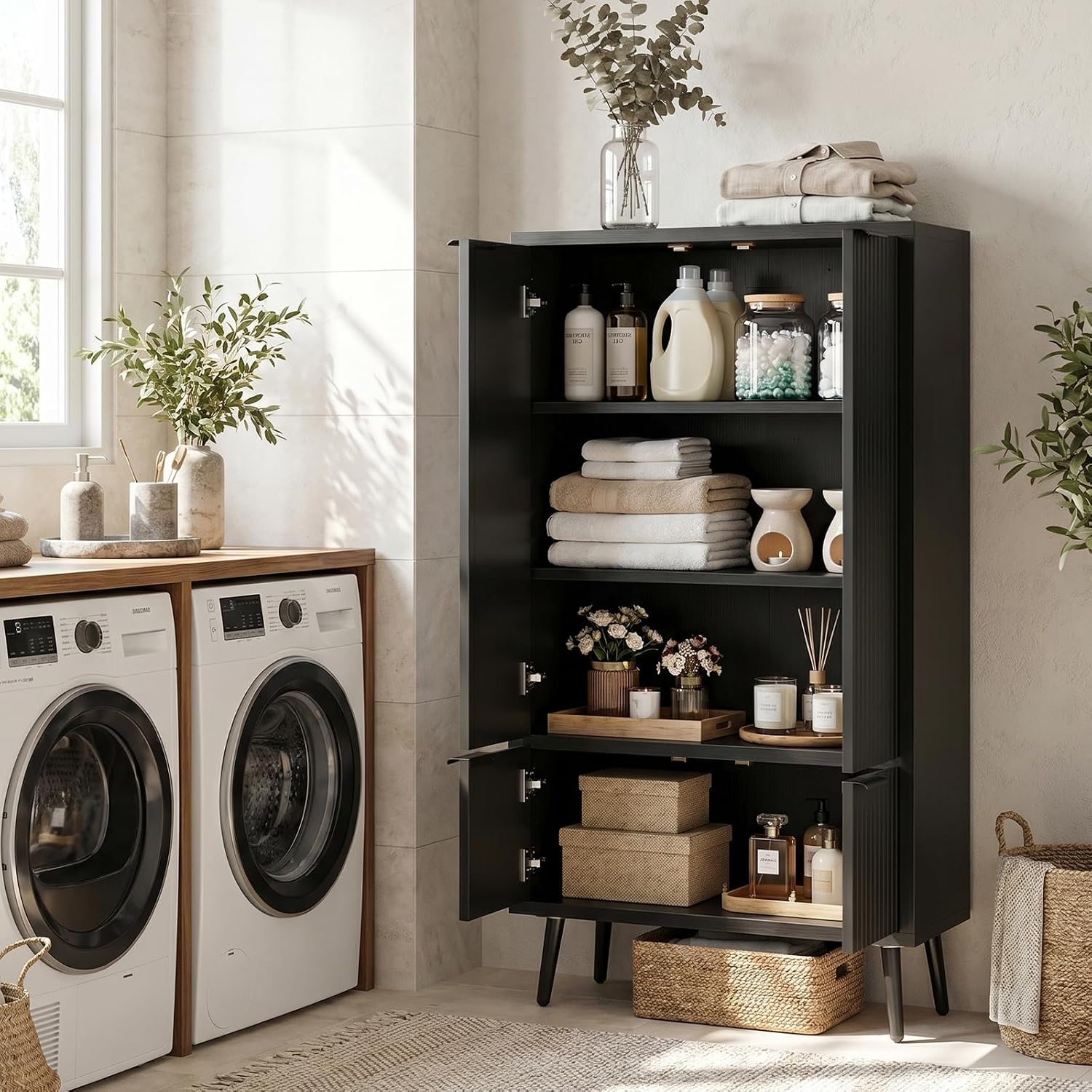 Pantry Cabinet with 4 Doors, 51.2" H Freestanding Bathroom Storage Cabinet, Adjustable Shelf & Raised Legs for Bathroom, Kitchen, Living Room, Black