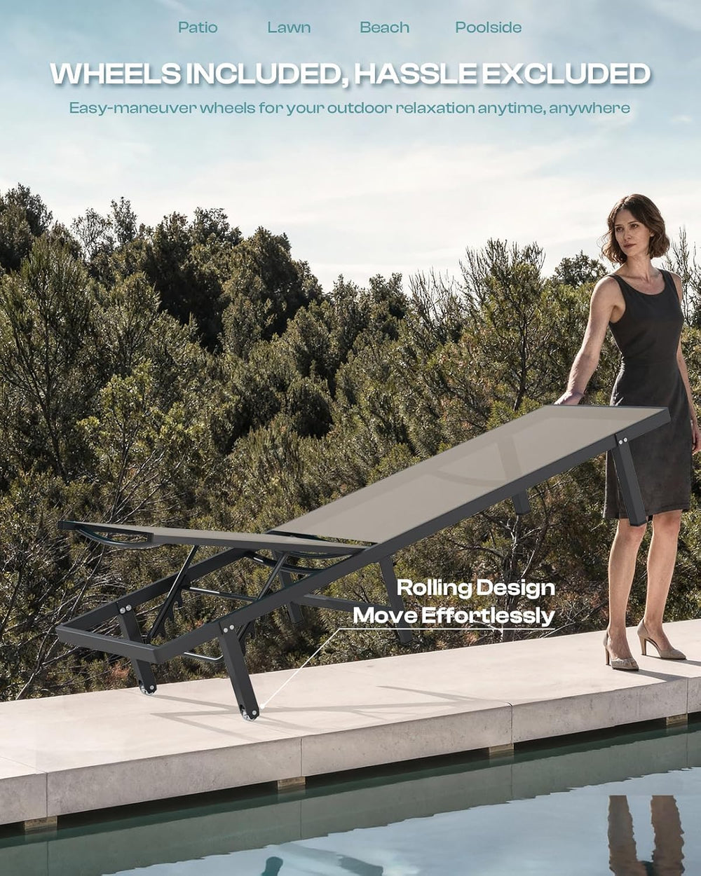 Lounge Chair Outdoor with Wheels, Aluminum Chaise Lounge Outdoor Chair with 5...