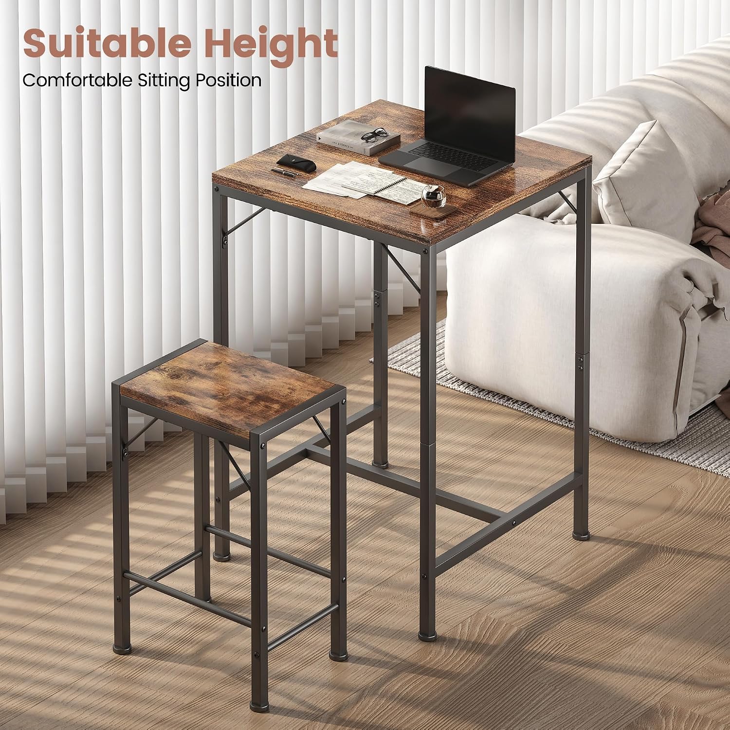 Homeiju Bar Table and Chairs Set, Square Bar Table with 2 Stools, Space-Saving Dining Pub Set for 2, Perfect for Kitchen, Breakfast Nook, Living Room & Small Spaces