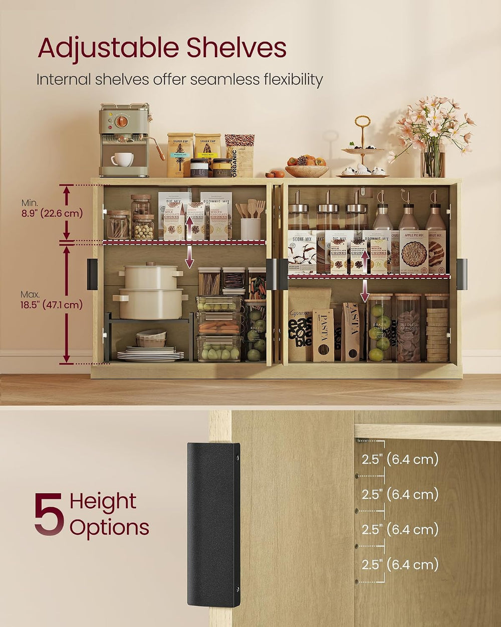 VASAGLE Contemporary Buffet Cabinet with Adjustable Shelves, Fluted Doors