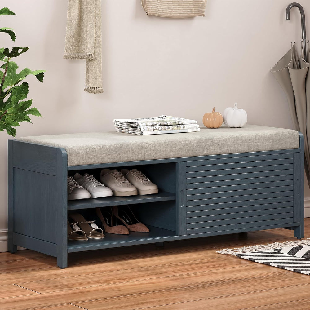 LUMISOL Shoe Bench with Storage and Cushion, Farmhouse Distressed Shutter Sto...