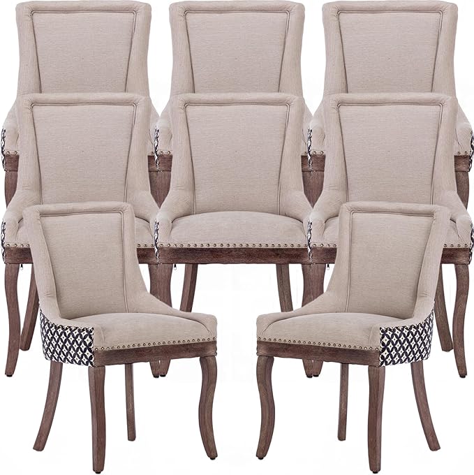 Dining Chairs Set of 8, Kitchen & Dining Room Chairs, Fabric Upholstered Dinning Chairs, Sillas De Comedor, Nailhead Trim, Wood Legs (Beige, Pattern, 8 Pcs)