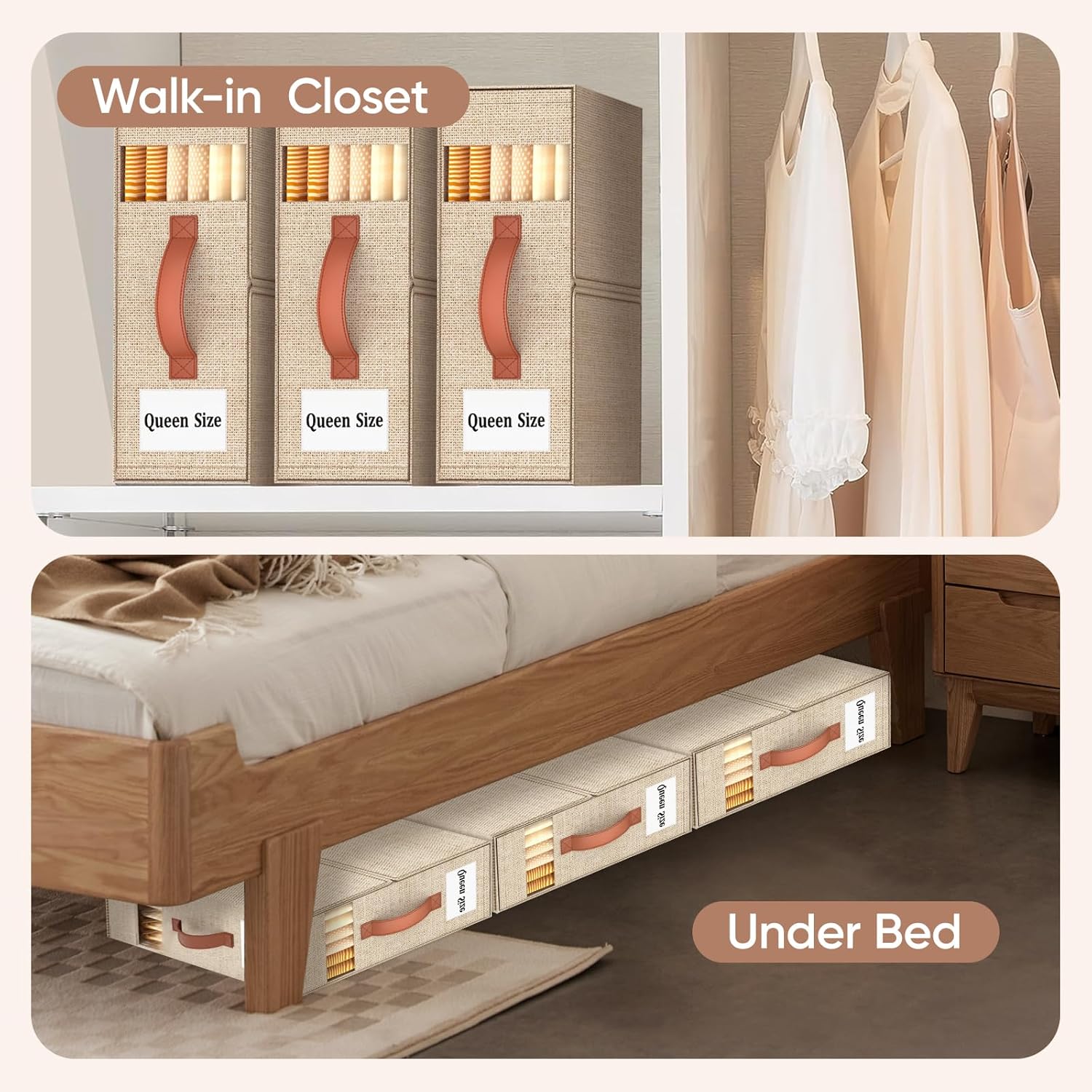 6 Pack Bed Sheet Organizers and Storage(King &Queen Size) with an Elastic Strap, Foldable Closet Linen Sheet Storage Container, Sheet Set Box for Blanket, Duvet Cover and Pillowcase, Beige