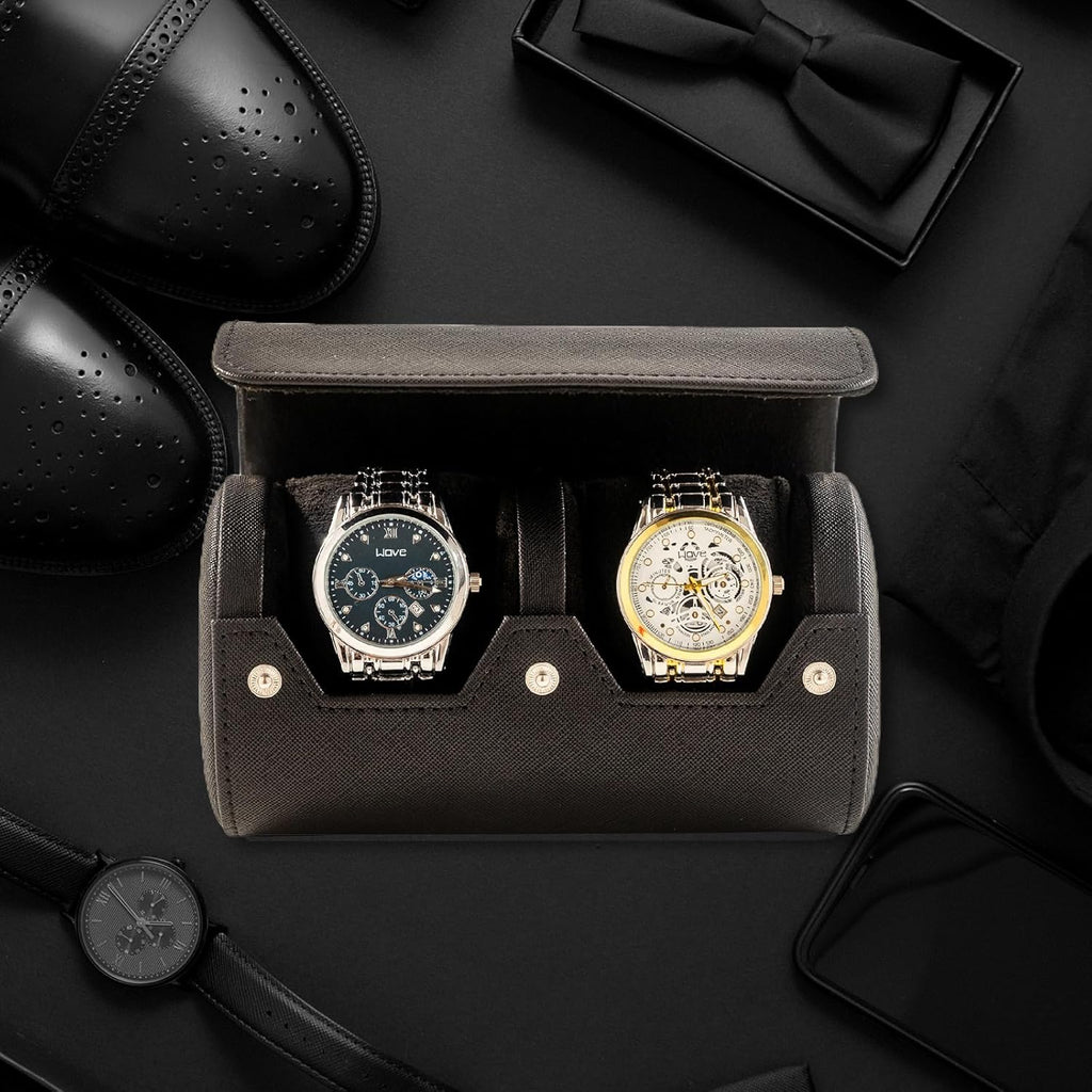 MR.OKAY 2 Watch Travel Case- Classic Leather Watch Case With Perfect Texture.Portable Watch Roll Or Organizer For Storage And Display. Luxury Gifts For Men, All Handmade by Artisans.