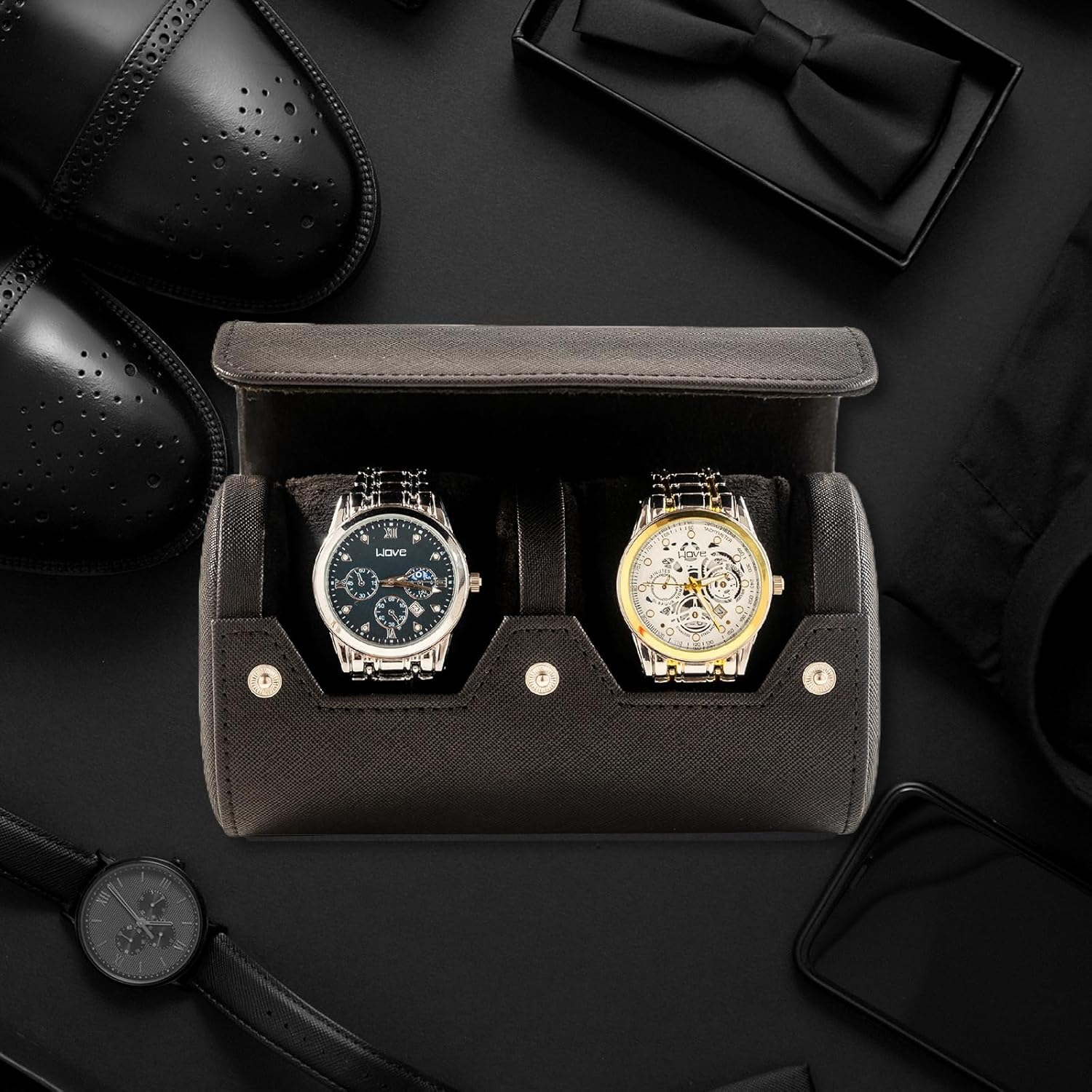 MR.OKAY 2 Watch Travel Case- Classic Leather Watch Case With Perfect Texture.Portable Watch Roll Or Organizer For Storage And Display. Luxury Gifts For Men, All Handmade by Artisans.