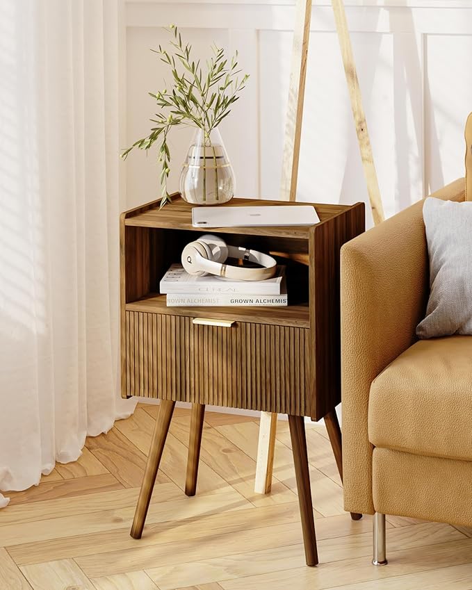 Nightstand,Modern Bedside Table with Storage Drawer and Open Wood Shelf, for ...