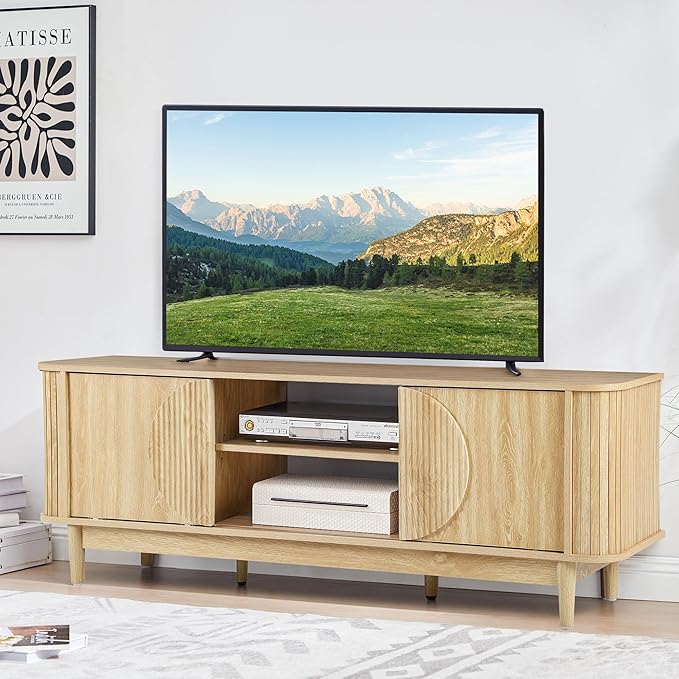 Turtle&Myrtle Mid Century Modern TV Stand 60”, Wood TV Console with Storage for TVs Up to 70 inches, Fluted Sliding Doors, Entertainment Center Media Cabinet for Living Room & Bedroom (Natural Oak)