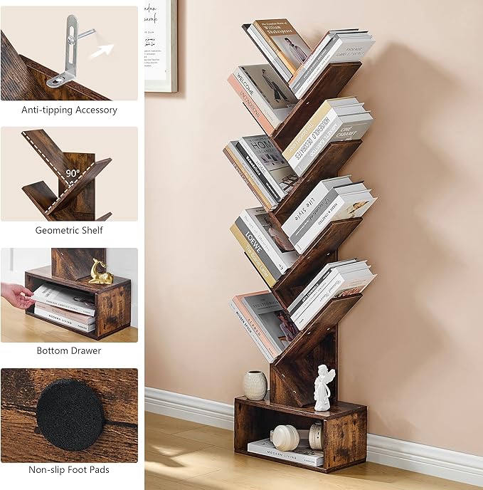 Hoctieon 9 Tier Tree Bookshelf, Tall Bookcase with Drawer, Wood Book Shelf, M...