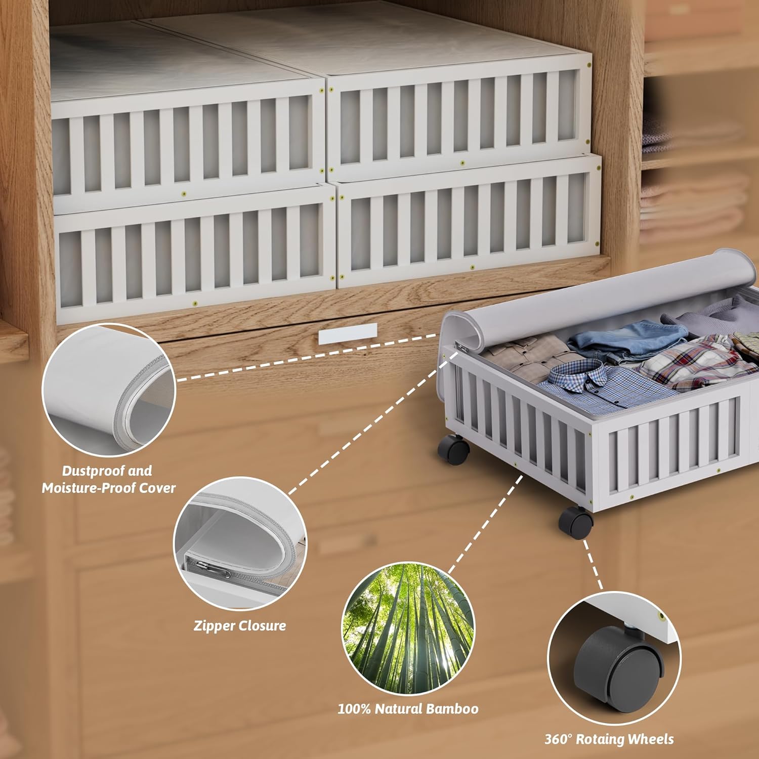 Bamboo Under Bed Storage Containers with Wheels, 2 Pack Under the Bed Shoe Storage Bins, Wood Rolling Underbed Drawers Organizer for Bedroom, Closet, Clothes Blanket Comforter and Under Crib Toy White