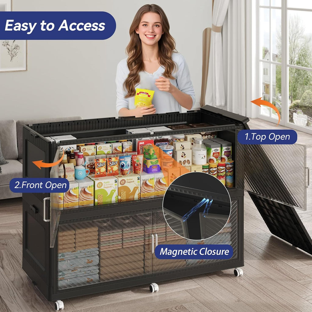 320GAL Extra Large Storage Bins with Lid, 1280QT Collapsible Organizer with Wheels, Stackable Closet Cabinet with Doors, Folding Storage Containers for Home, Office, Kitchen, 4Pack Black