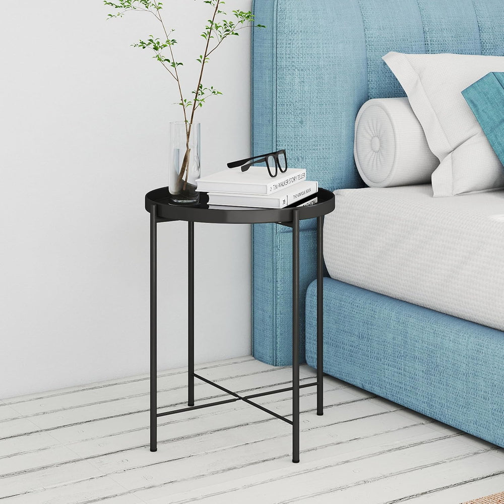 DDK 17" Round Metal Side Table with Removable Tray Top, Black Accent Tab...
