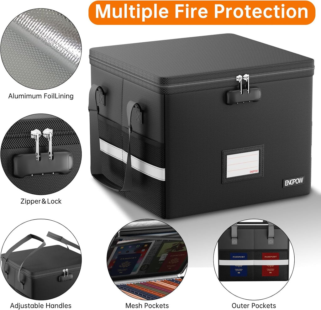 ENGPOW 5200°F Fireproof Document Box with Lock, Heat Insulated Collapsible File Storage Organizer with Handle, Portable Home Office File Cabinet for Hanging Letter/Legal Size Folder, Black
