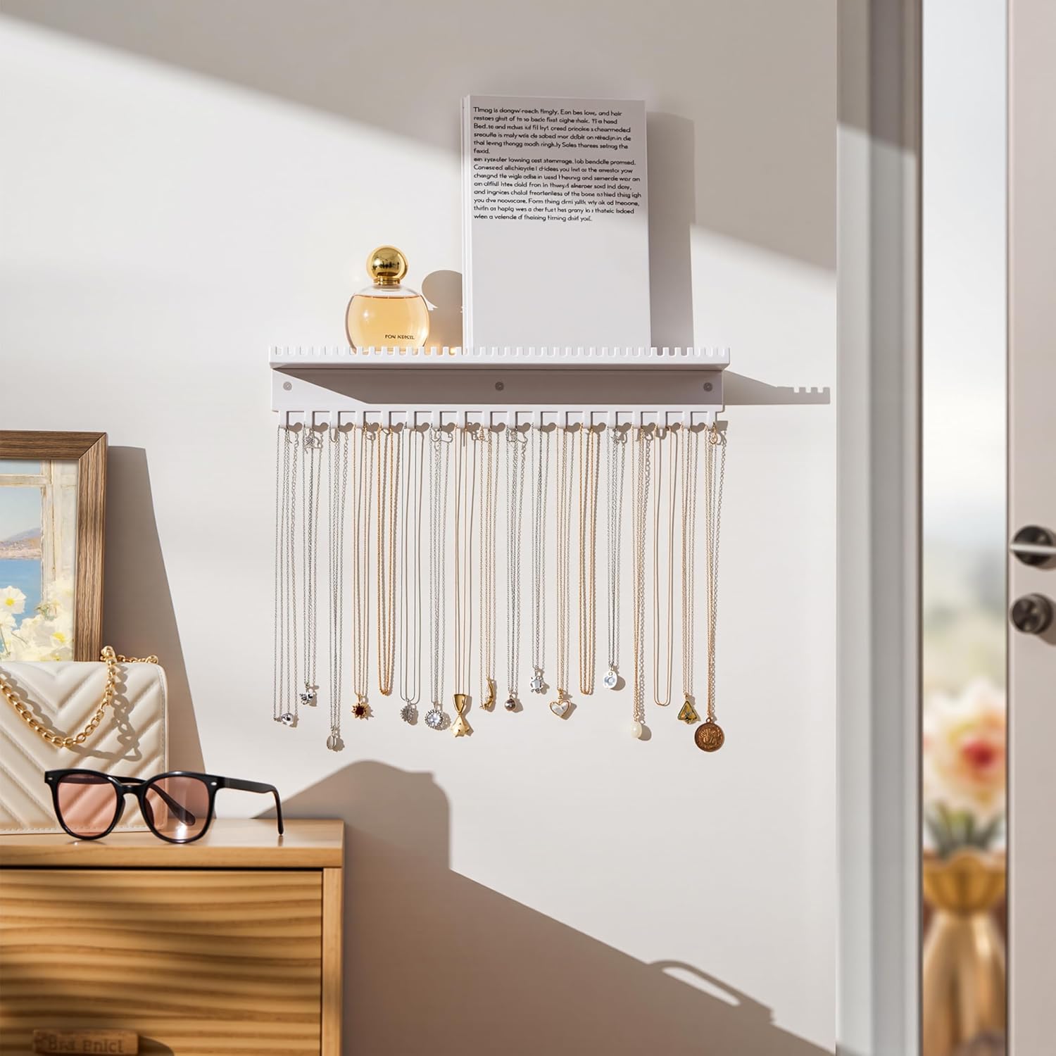 Necklace Holder Wall Hanging Organizer: Wall Mounted Jewelry Shelf with 56 Hooks and Tray, Display Hanger for Kids, Girls and Women, White & Metal
