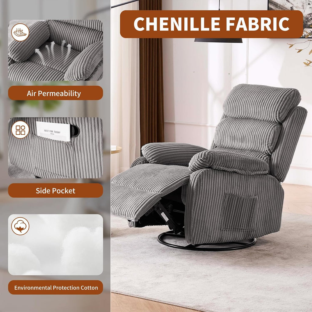 Premium Velvet 360° Swivel Rocker Recliner with Extended Footrest - High Back Glider Chair for Nursery, Living Room & Small Spaces, Featuring Padded Armrests and Handy Side Pocket, Grey