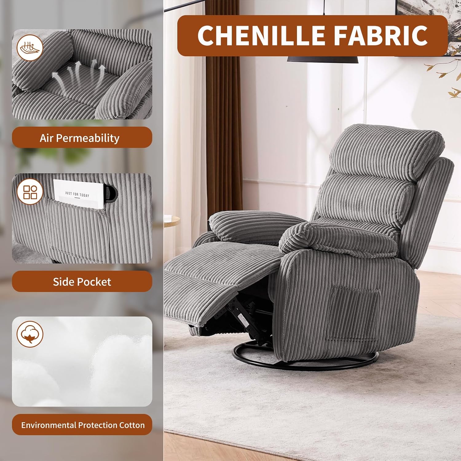 Premium Velvet 360° Swivel Rocker Recliner with Extended Footrest - High Back Glider Chair for Nursery, Living Room & Small Spaces, Featuring Padded Armrests and Handy Side Pocket, Grey