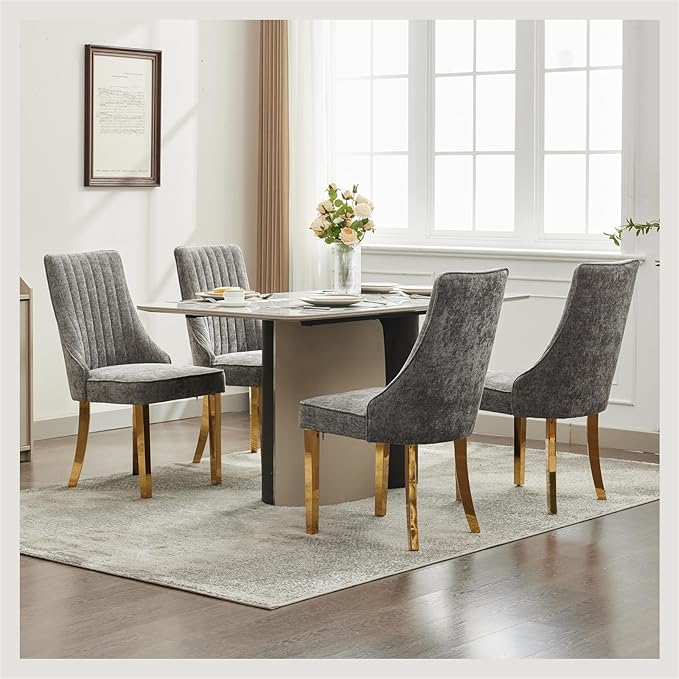 Dining Chairs Set of 6，Modern Channel Tufted Upholstered Dining Chairs with Golden Stainless Steel Legs, Comfortable Chenille Fabric Kitchen Chairs for Dining Room (Grey, 6pc)