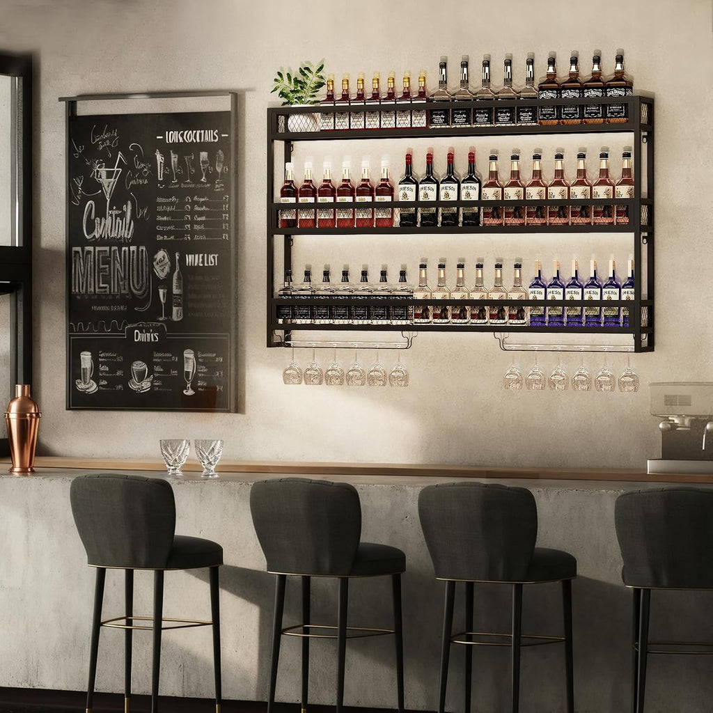 Wine Rack Wall Mounted with LED Light,Bar Liquor Shelf,Black,100cm | Metal,3-Tiers,Wine Glass Holder,Industrial Liquor Bottle Display Storage Shelf,for Home Bar, Dining Room